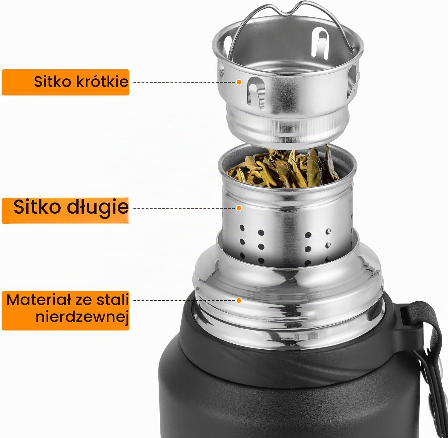 Detalle 2 de Jokisa termos 800 ml ze stali nierdzewnej, próżniowy, z kubkiem i sitkami
