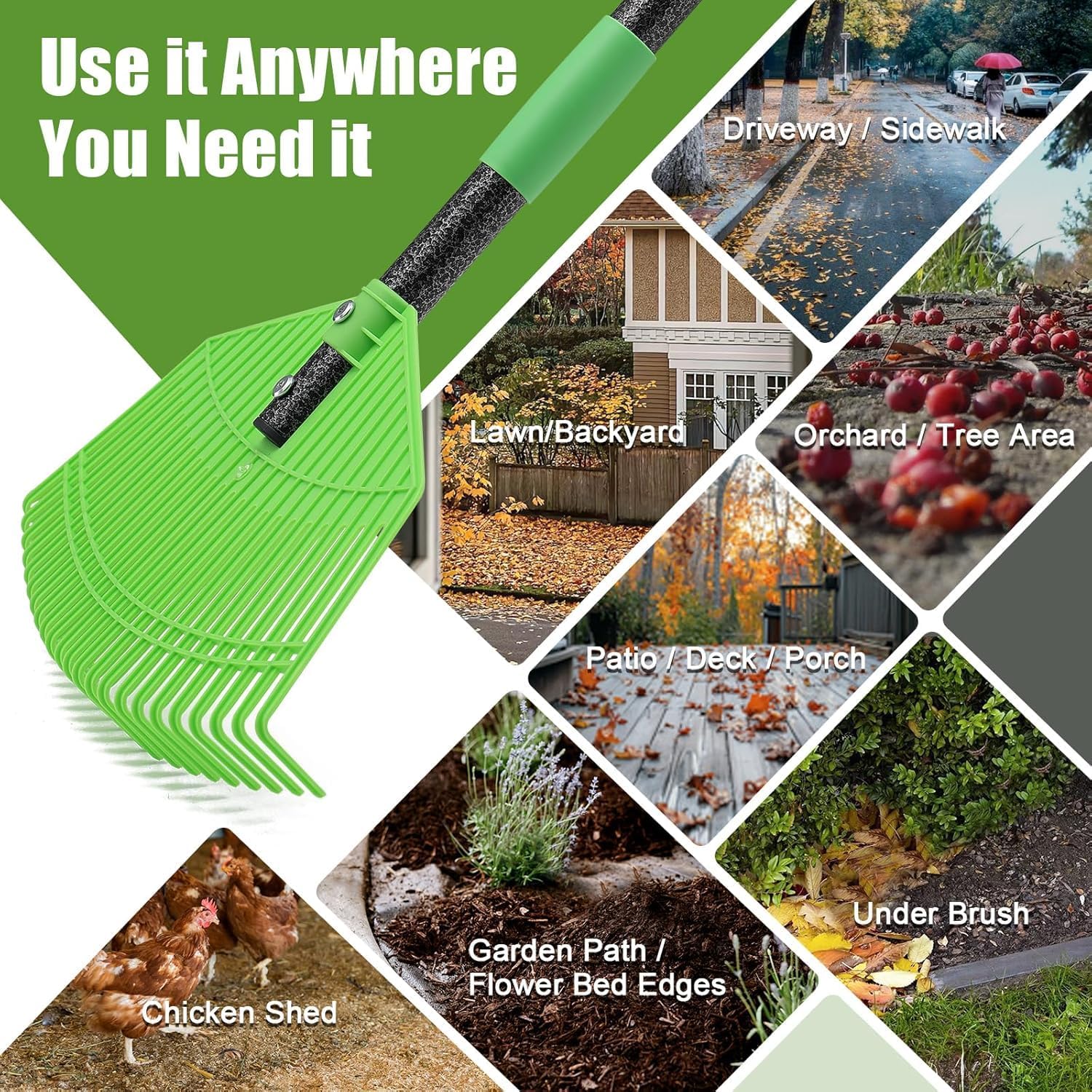 Thumbnail 4 de Leaf Rake, 42cm Wide Garden Rake with 106 cm Adjustable Handle – 23 Tine Plastic Head