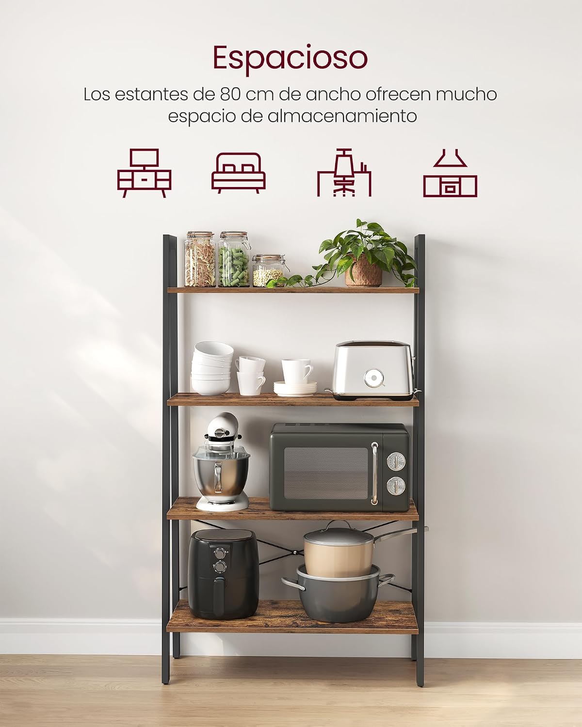 Detalle 2 de VASAGLE Ladder Shelf 4-Tier Bookshelf (LLS144B01) – Rustic Brown & Black, Steel Frame
