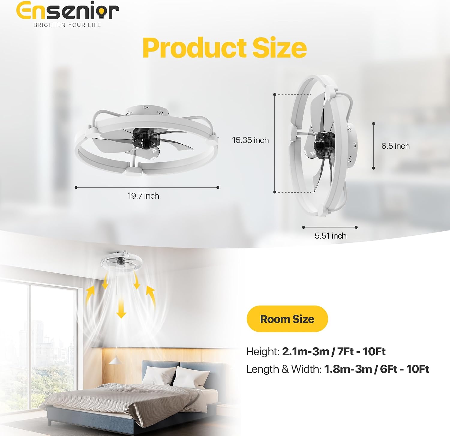 Thumbnail 6 de Ensenior 50cm Ceiling Fan with Lights and Remote – Quiet, Dimmable LED and Remote Control