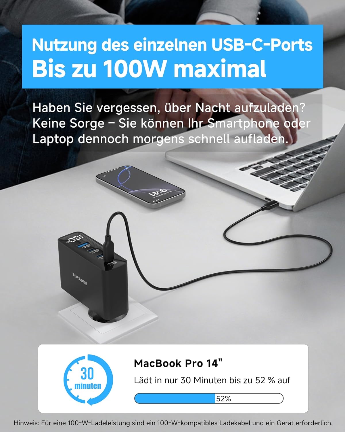Thumbnail 1 de 100W USB-C Ladegerät mit 4 Ports, LED-Display (GaN, PD/PPS) – Schwarz