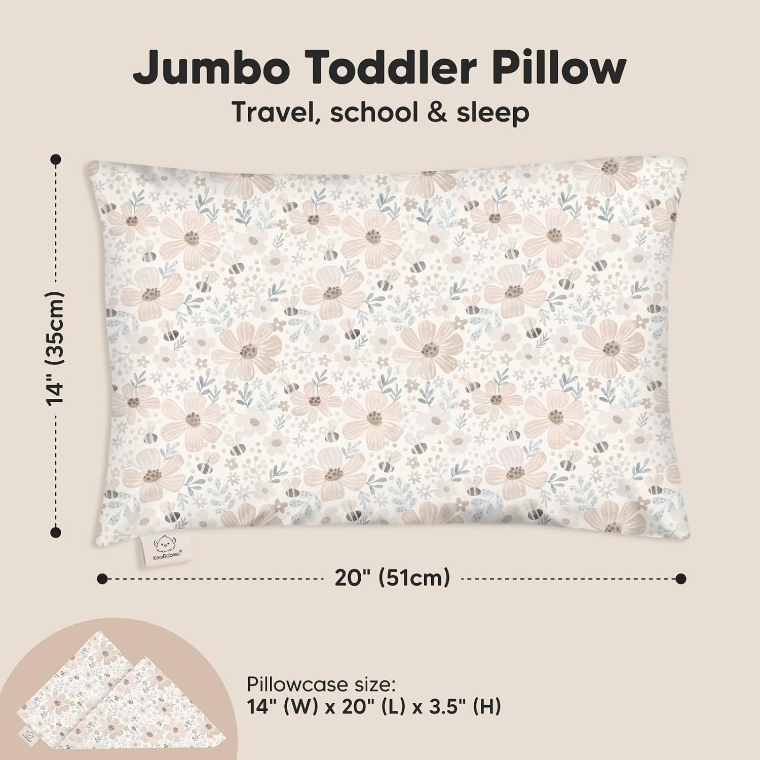 Detalle de KeaBabies Jumbo Toddler Pillow, 14 x 20 in, Organic Cotton, Flora Vale