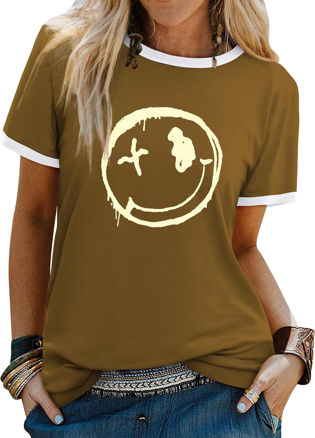Thumbnail 6 de WIEIYM Women Round Neck Short Sleeve T-Shirt – Smile Graphic Print Casual Tee