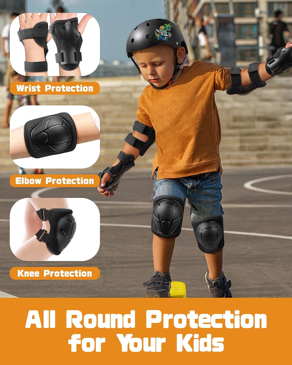 Detalle de DARME Kids Protective Gear Set, 3-in-1 Knee, Elbow & Wrist Guards, Black