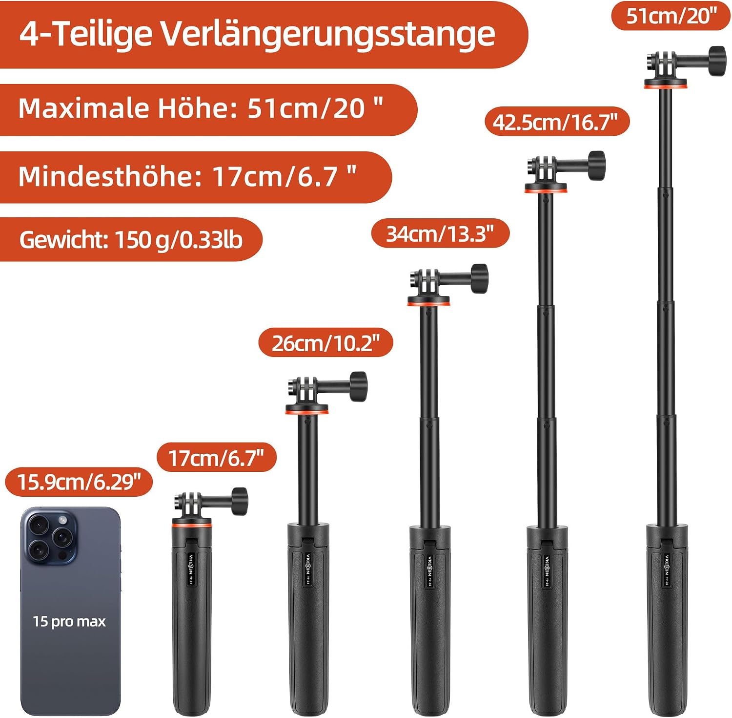Thumbnail 3 de 51cm Selfie Stick Stativ für GoPro Hero 14/13/12/11/Max