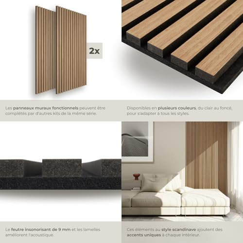 Detalle de tectake – Lot de 2 panneaux acoustiques muraux et plafond en MDF avec placage bois