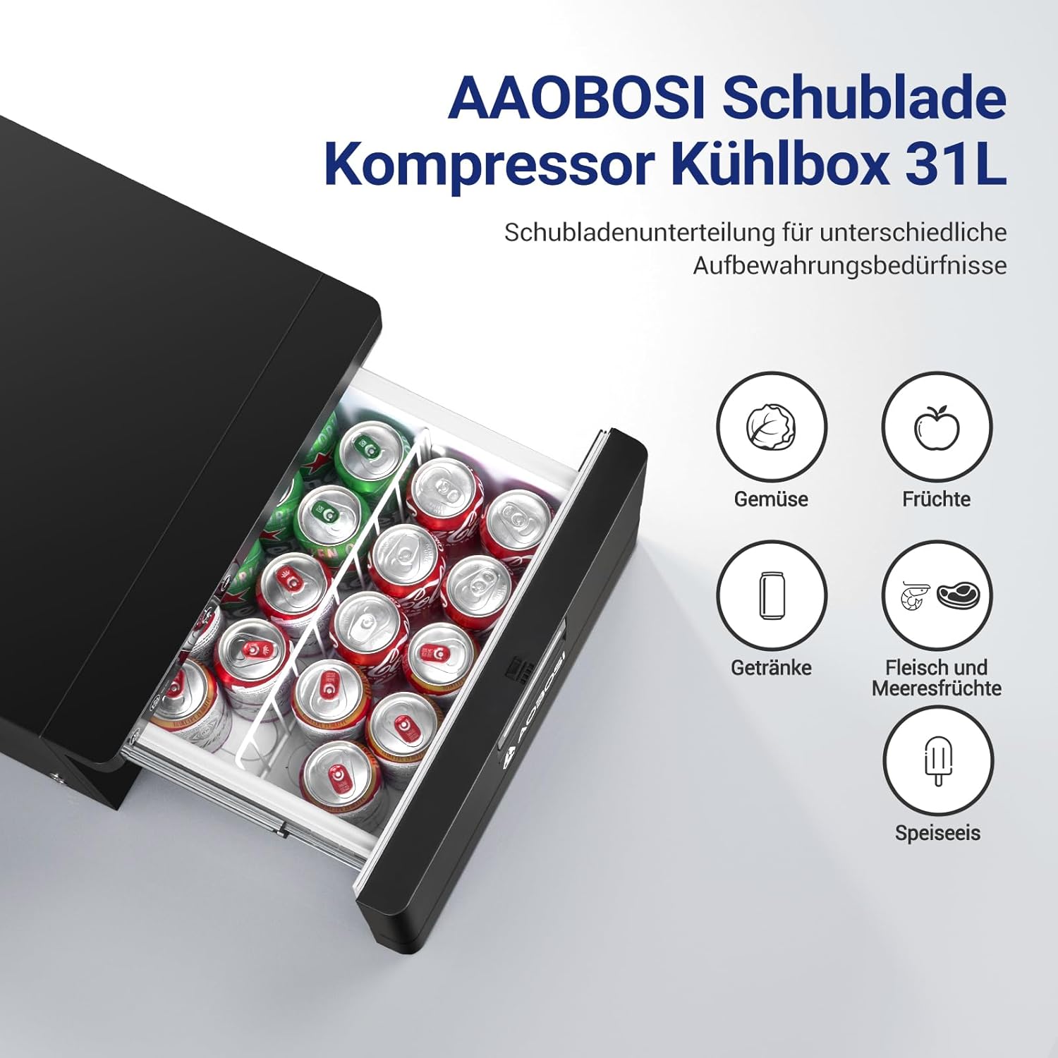 Detalle de AAOBOSI 31L Schublade Kompressor Kühlbox: kompakt, zuverlässig und app-gesteuert
