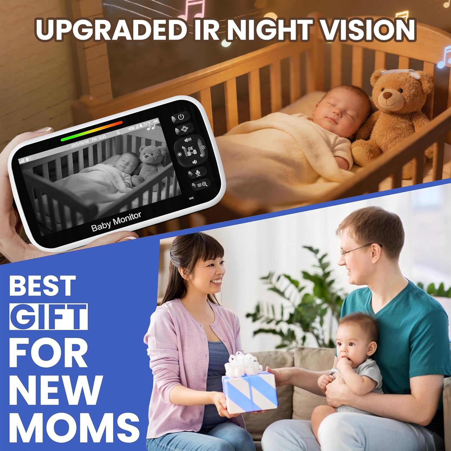 Thumbnail 2 de RFAQK Non-Wifi Baby Monitor with Camera and Night Vision (1 Camera, 5-Inch Screen, 3000mAh Battery, 1000ft Range)