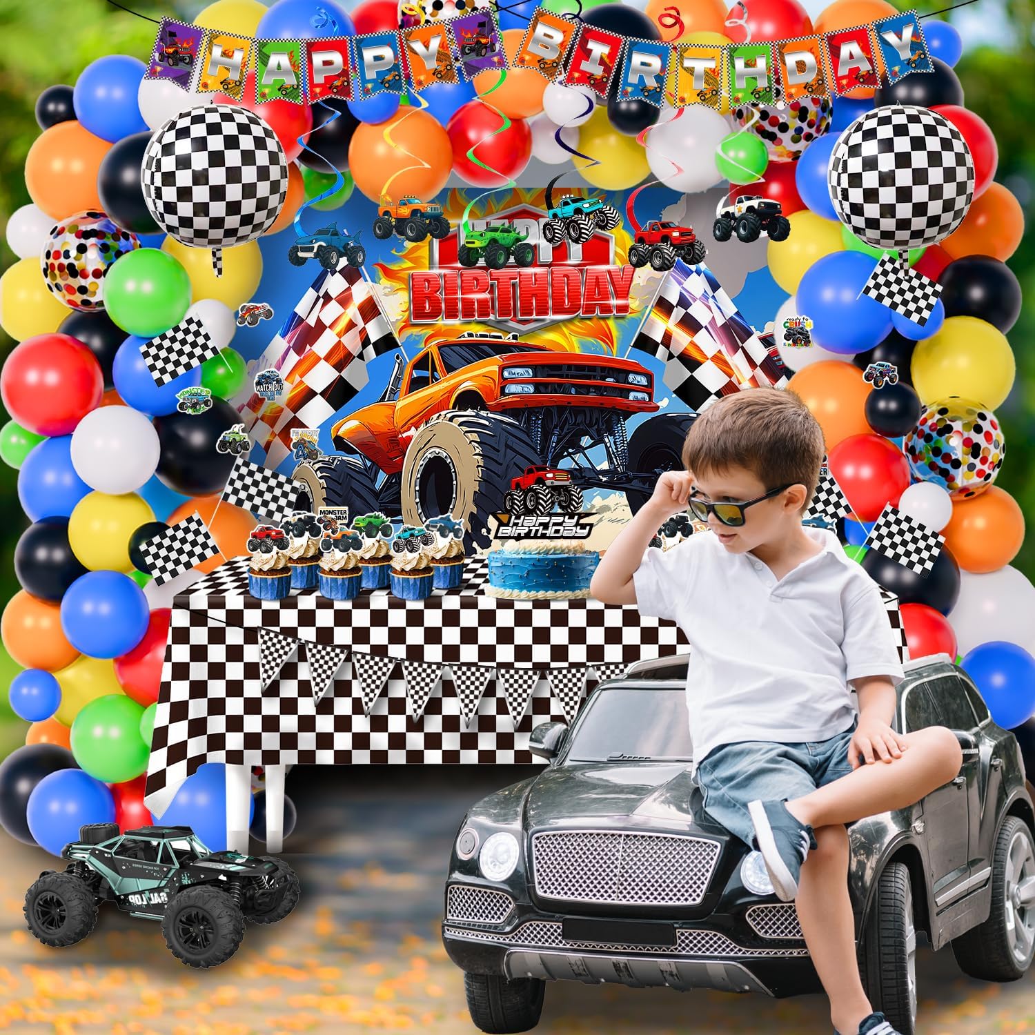 Thumbnail 5 de 140Pcs Monster Truck Birthday Decorations Kit with Backdrop and Checkered Tablecloth