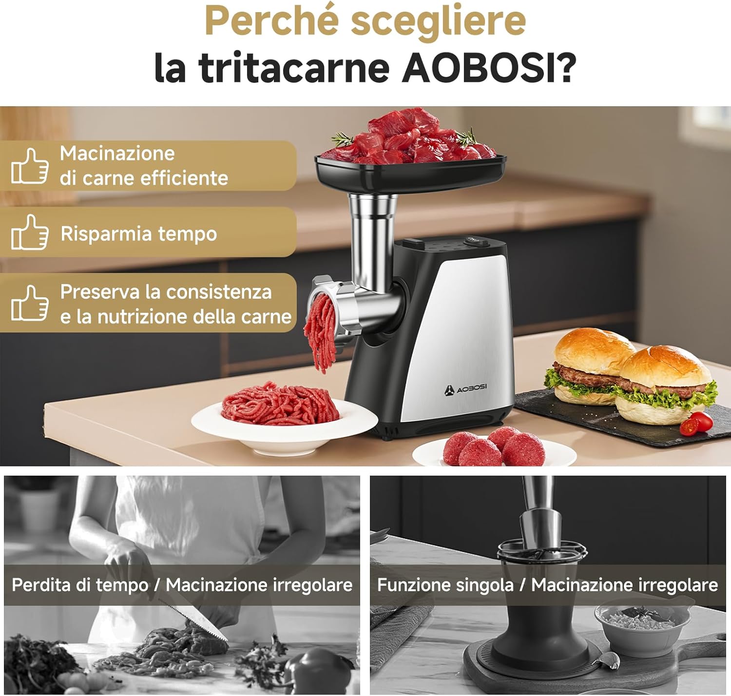 Thumbnail 5 de AAOBOSI Tritacarne elettrico 3-IN-1 con 2 lame, insaccatrice e kit Kubbe