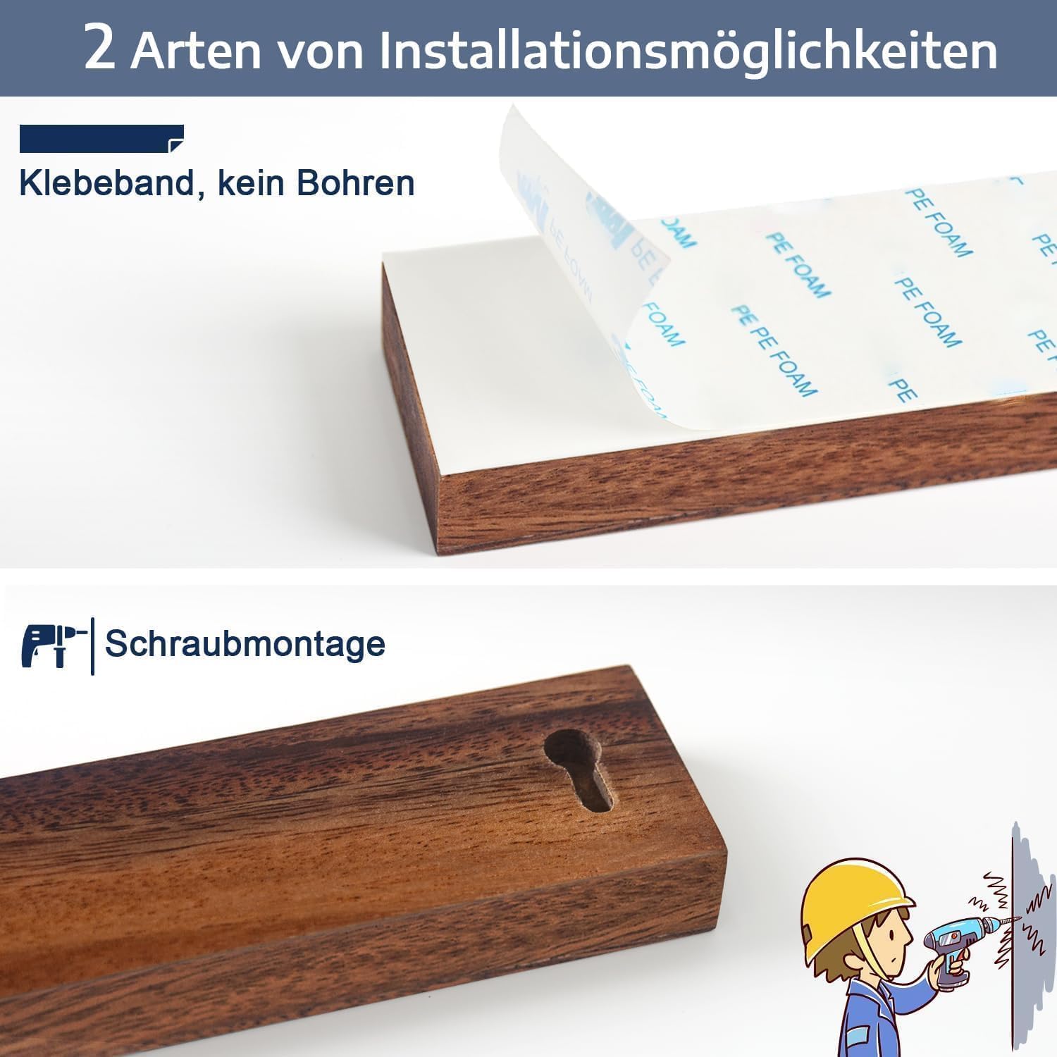 Detalle de Dmore Magnetleiste für Messer (50 cm) mit 2 Haken – magnetisch ohne Bohren aus Walnuss