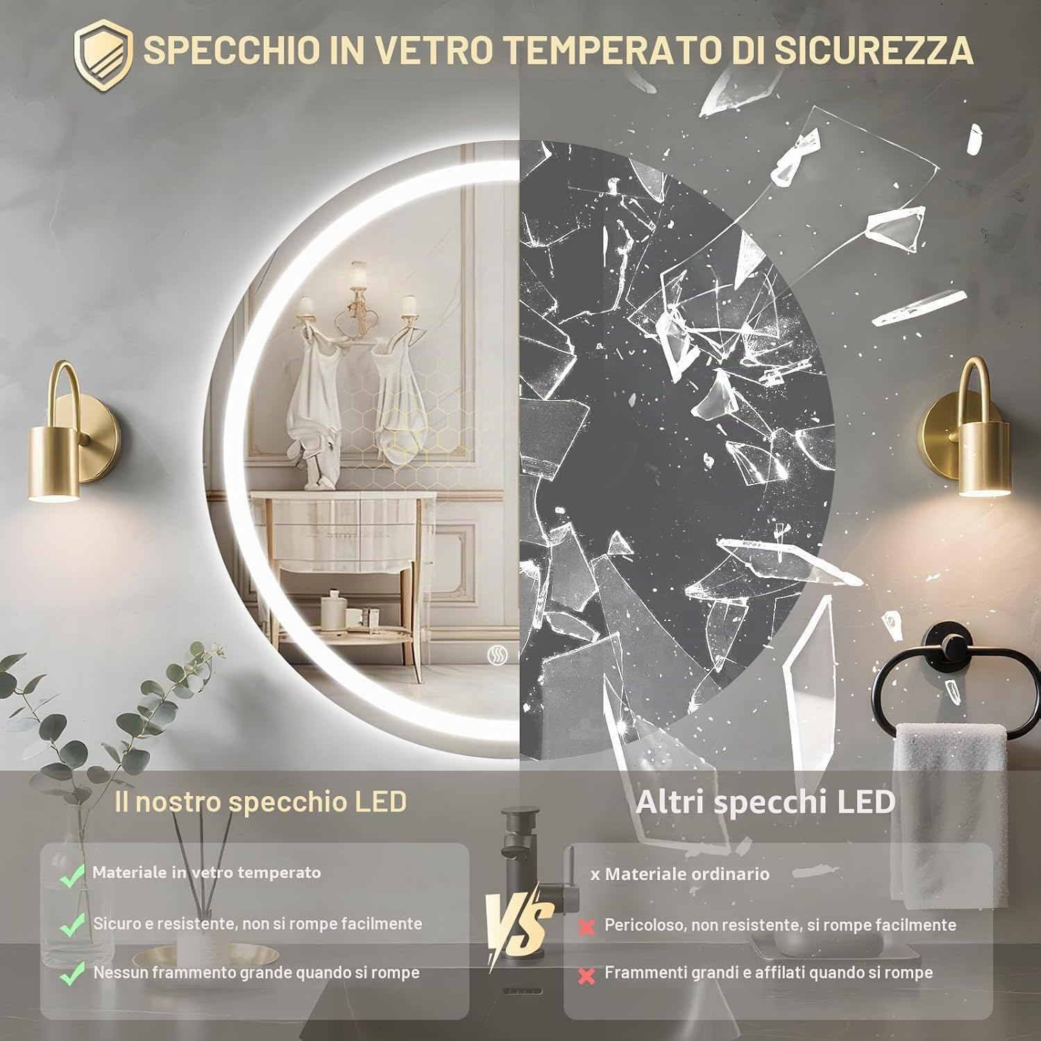 Detalle de PINNIP Specchio Bagno con Luce – Specchio LED Rotondo da Parete 50 cm, Antifog, Touch Intelligente