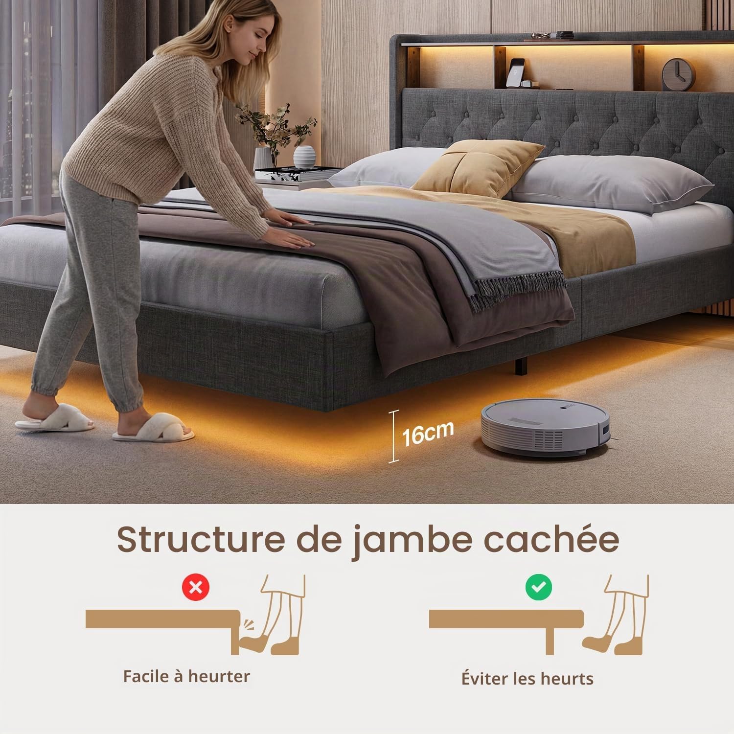 Thumbnail 2 de Xbro bed 140 x 200 cm met ledverlichting, USB-aansluitingen en opbergruimte