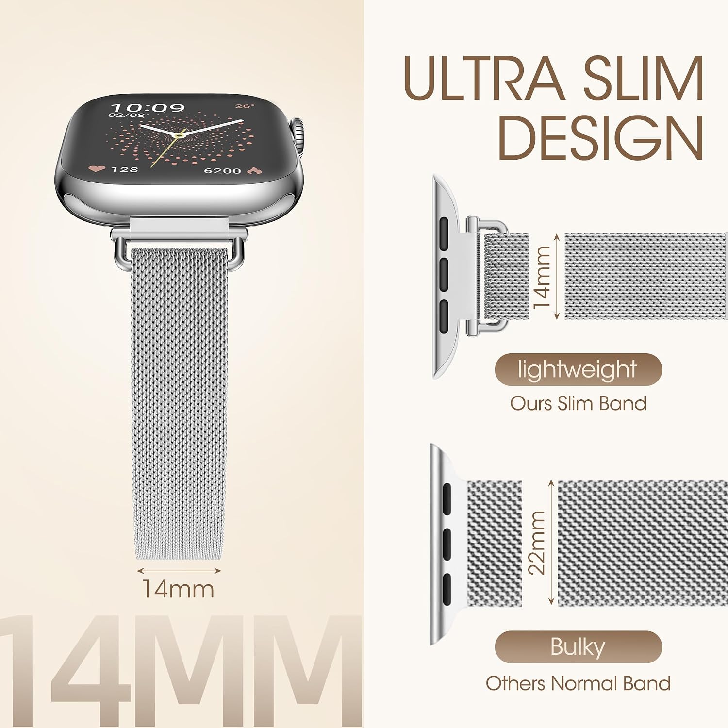 Detalle de WADELIZ Ultra-Slim Milanese Loop: 14mm Stainless Mesh Band for Apple Watch (Women) – 40–46mm, Magnetic Clasp