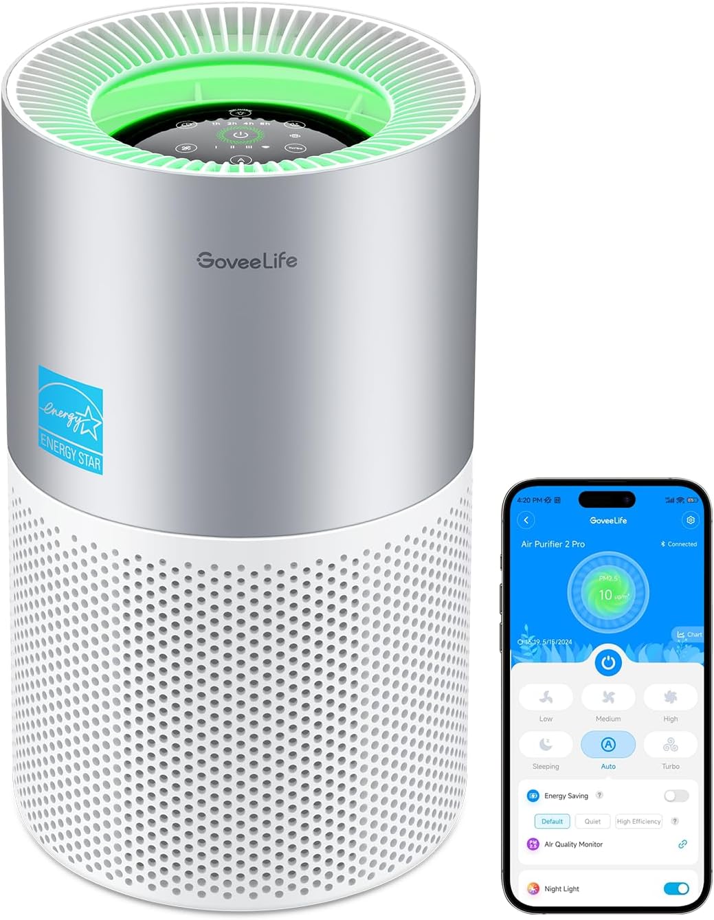 Detalle de GoveeLife H7129 Smart Air Purifier, H13 HEPA, App Control & 24 dB Sleep Mode