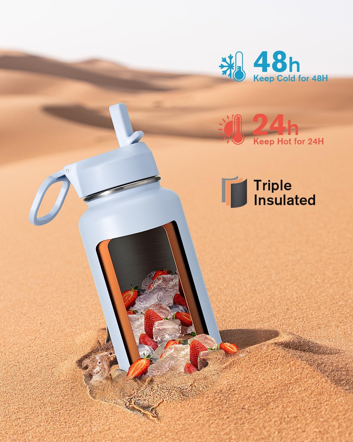 Detalle de Coolflask 32 oz Insulated Water Bottle with Straw — 3 Lids, Wide Mouth, Stainless Steel, Non-BPA, Light Blue