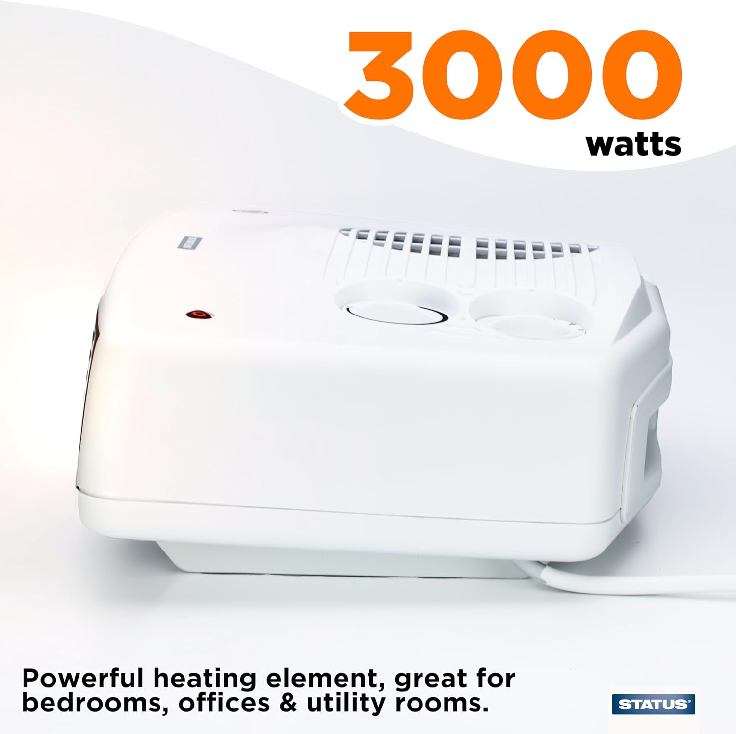 Detalle de STATUS Flat Fan Heater 3000W (3 kW) Portable Indoor Radiator, White, 2 Heat Settings & Thermostat Control