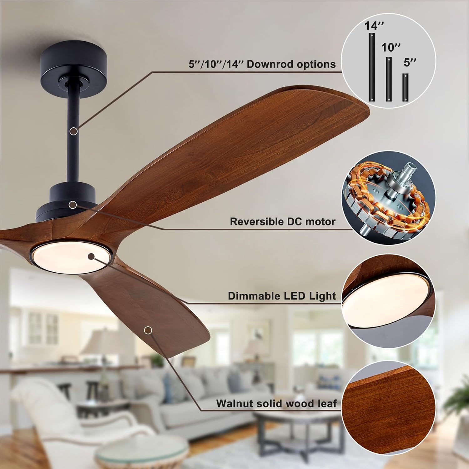 Detalle 1 de Ceiling Fan With Light, 60-Inch