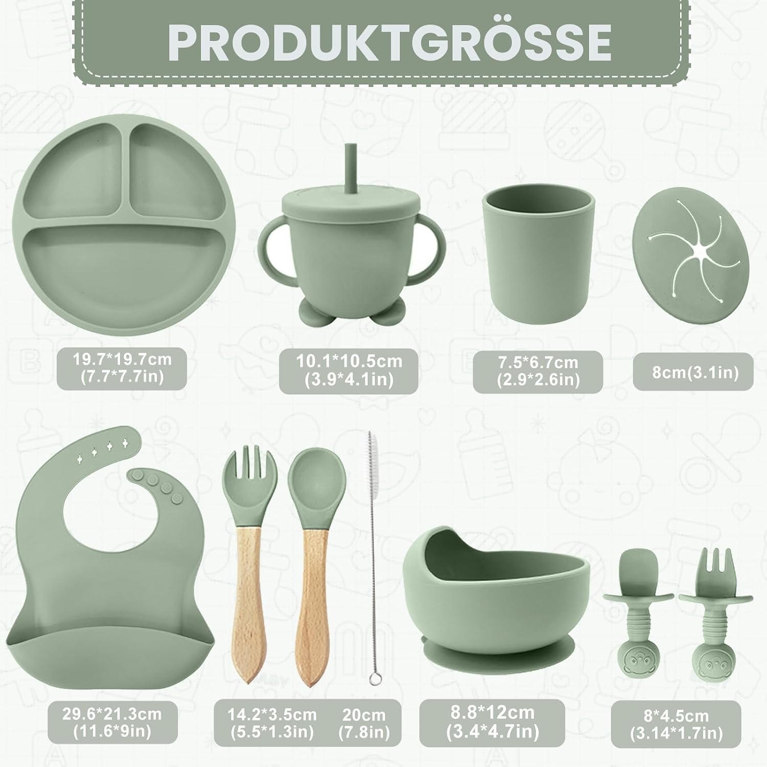 Thumbnail 6 de CUBTEM Baby Geschirrset (12-teilig) – Kindergeschirr mit Babylöffel, Trinklernbecher, Saugnapf & Silikon-Lätzchen