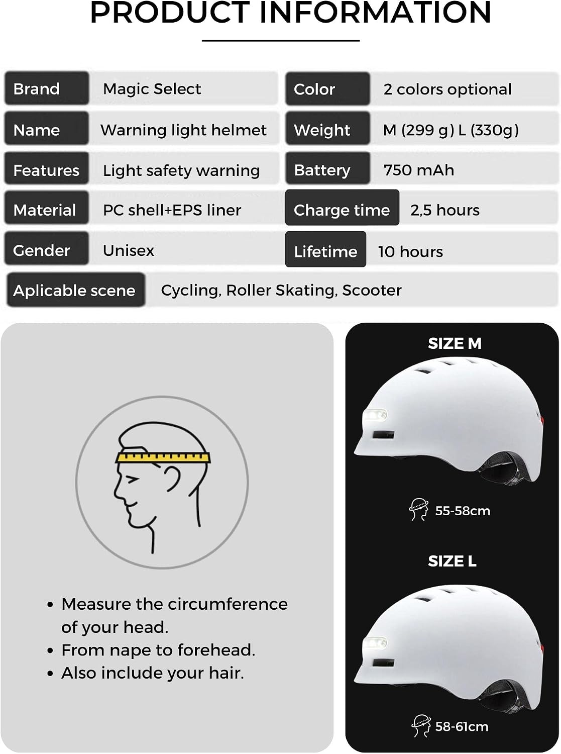 Detalle 2 de MAGIC SELECT Casco de Ciclismo con luz trasera 200 m