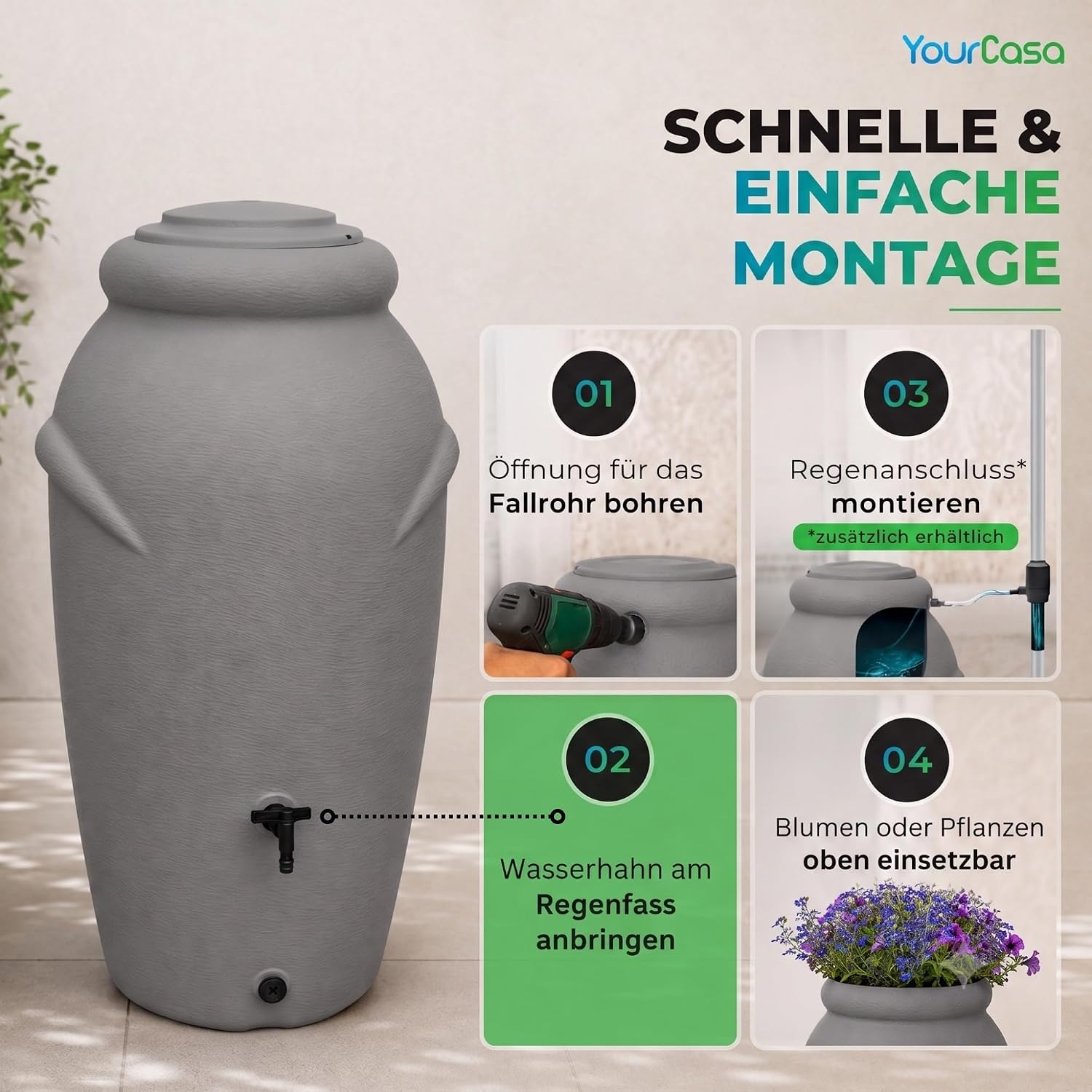 Detalle de YourCasa Regentonne 210 Liter im Amphore-Design – Frostsicheres Kunststoff-Regenfass mit Wasserhahn
