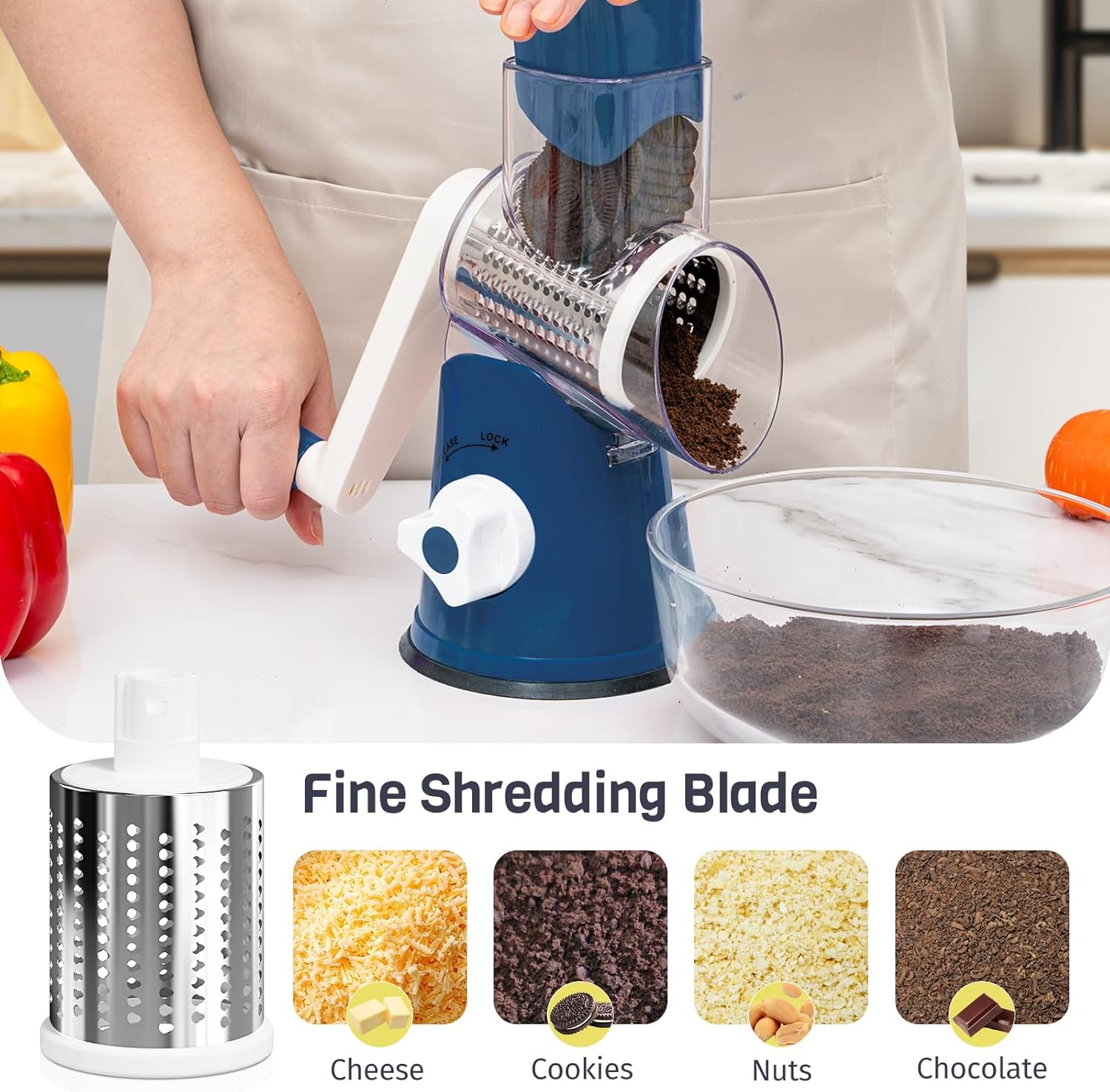 Detalle de Nexsujo Cheese Grater Hand Crank: 3-in-1 Rotary Shredder with Interchangeable Blades