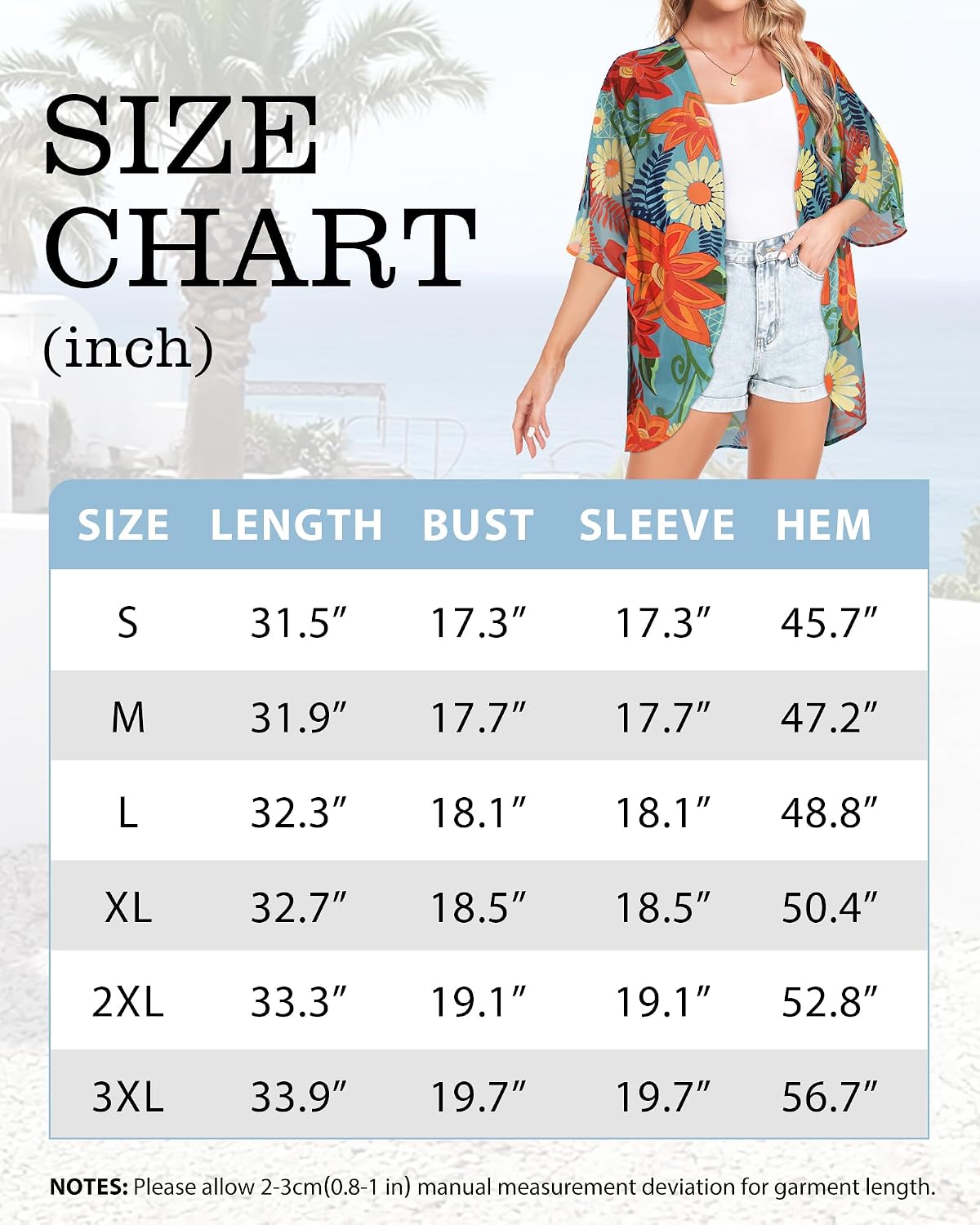 Detalle de Women's Floral Chiffon Kimono Cover-Up with Open Front and Puff Sleeves