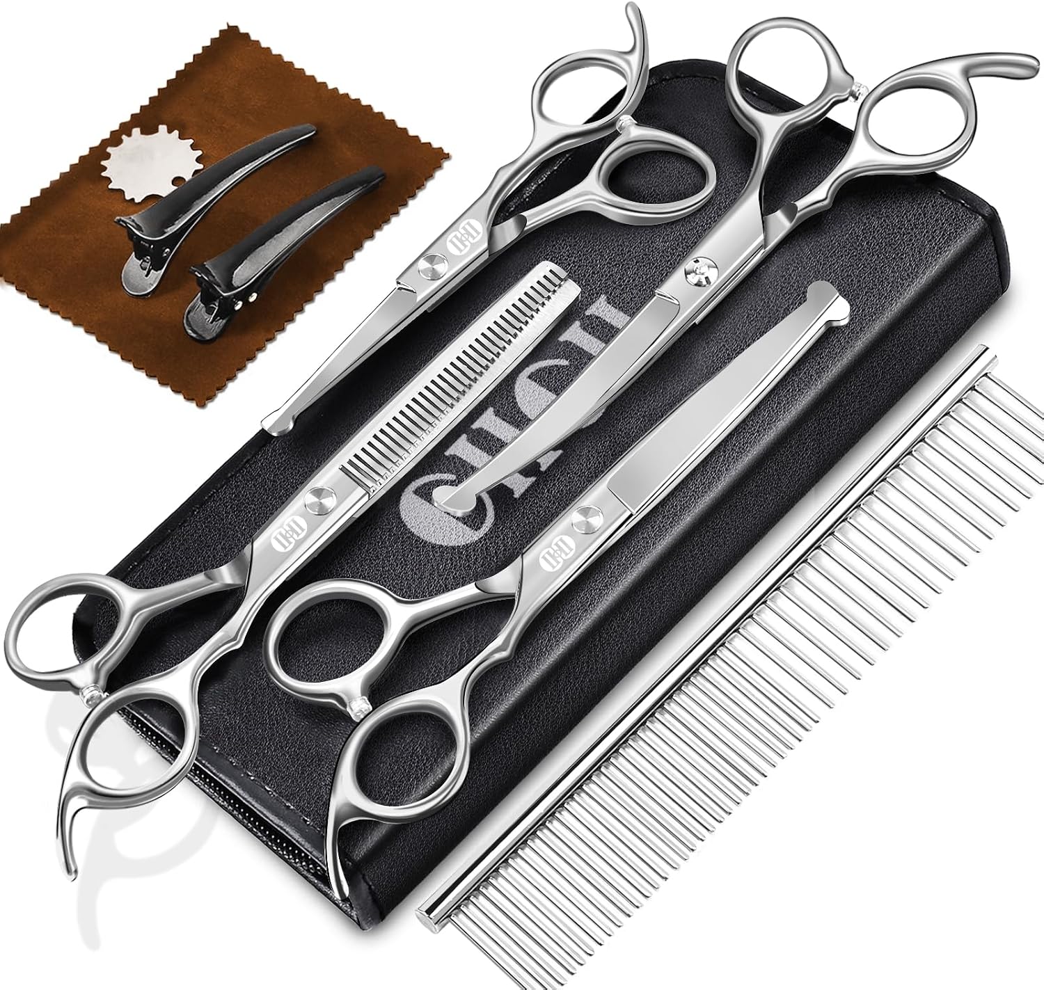 Detalle de CIICII Hundeschere-Set (7 Zoll) mit runder Sicherheitsspitze – Profi Fellscheren & Effilier-Set für Hund & Katze