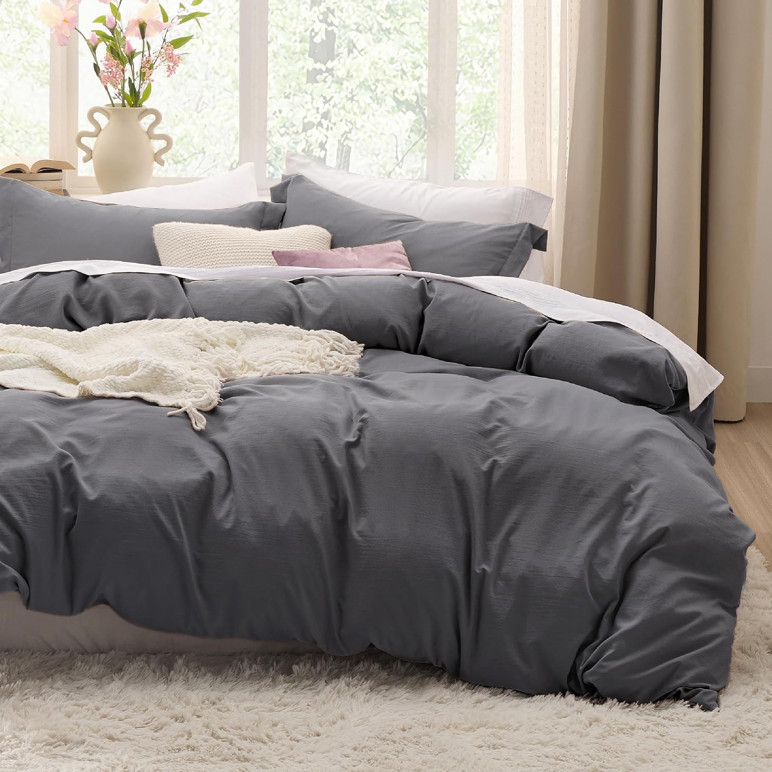 Detalle de Bedsure CA000004GOK Oversized King Duvet Cover Set, Dark Grey Polyester