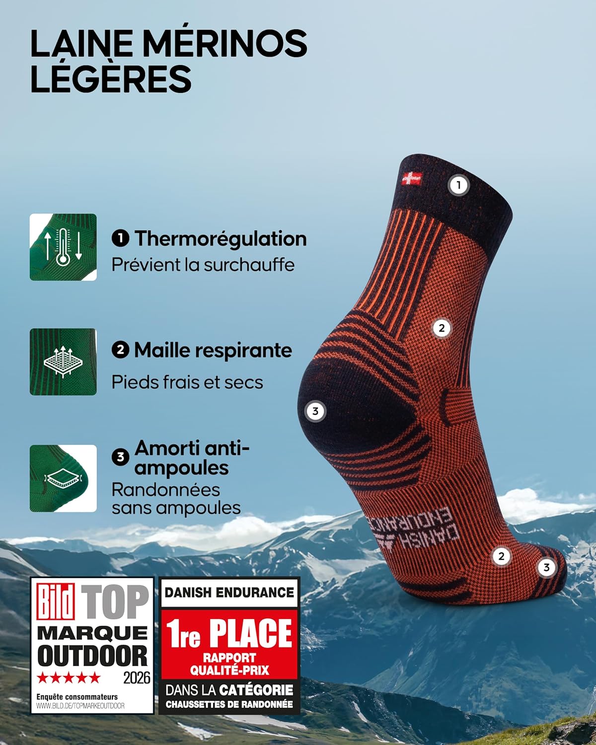 Thumbnail 1 de DANISH ENDURANCE Chaussettes de randonnée en laine mérinos avec rembourrage léger — 3 & 5 paires (unisex)