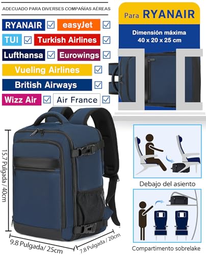 Detalle de KLOSTAIN Mochila de Cabina 40x20x25 cm (20L) para Ryanair y viaje diario – Azul Oscuro