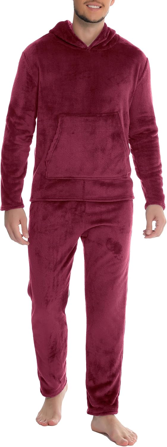 Detalle de Lovasy men’s fleece pyjamas set (2-piece) with fluffy hoodie – warm winter loungewear