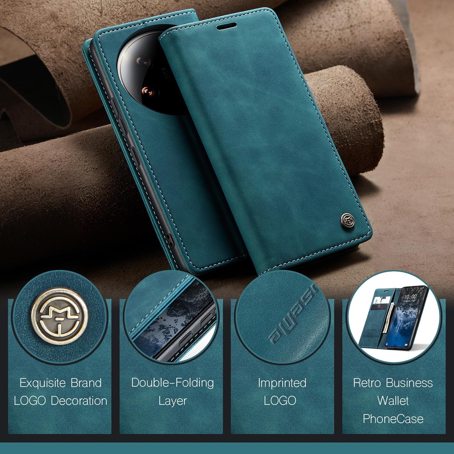Thumbnail 2 de Monweicz Handyhülle für Xiaomi 14 Ultra – blaugrün, klappbar mit Kartenfach, Magnetverschluss & Standfunktion