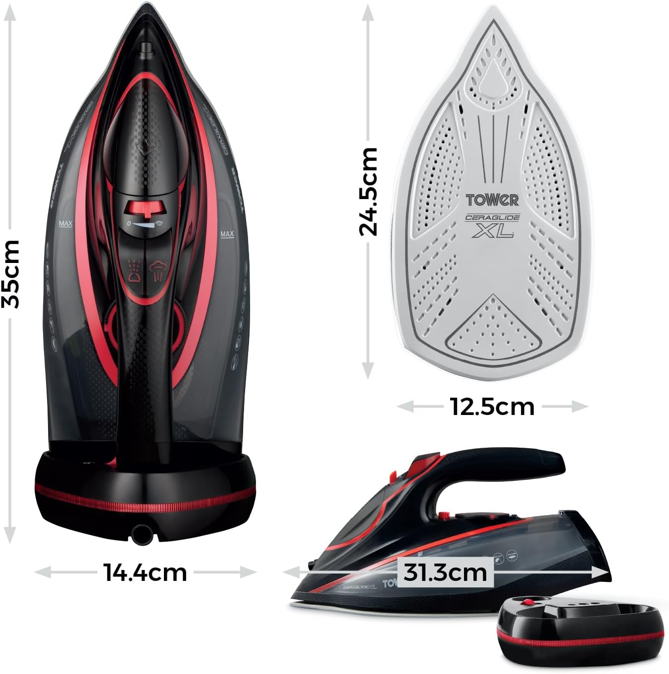 Thumbnail 5 de Tower Cordless Steam Iron 3100W (T22035RED): Corded or Cordless with XL Ceraglide Soleplate