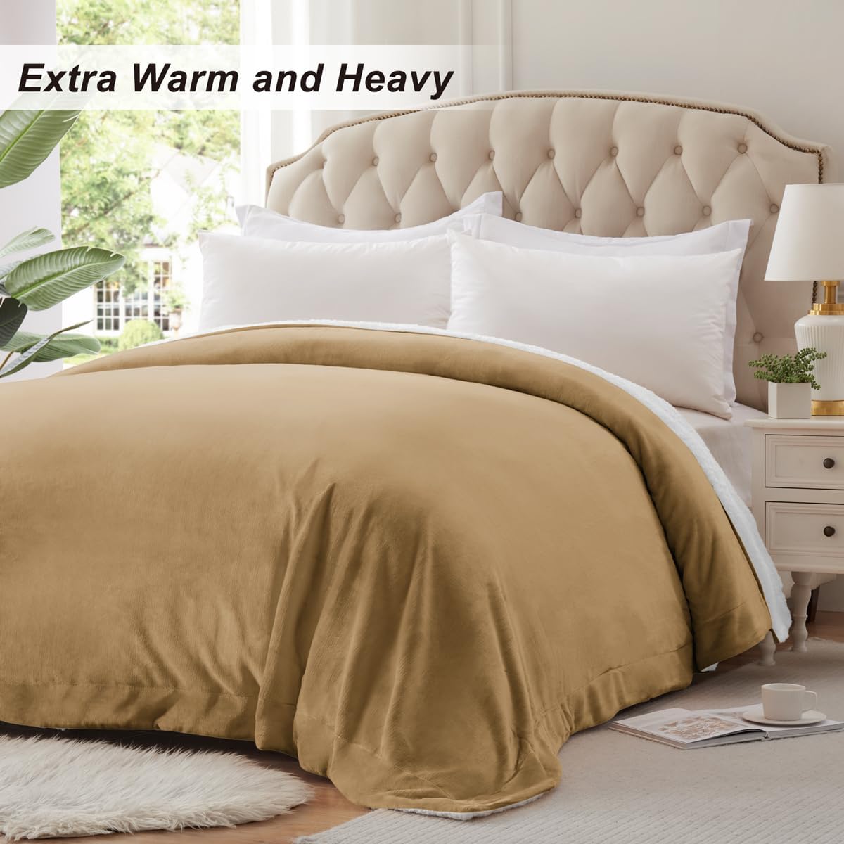 Detalle de KAWAHOME SFBQU6023 Sherpa Fleece Queen Blanket, 500 GSM, Camel