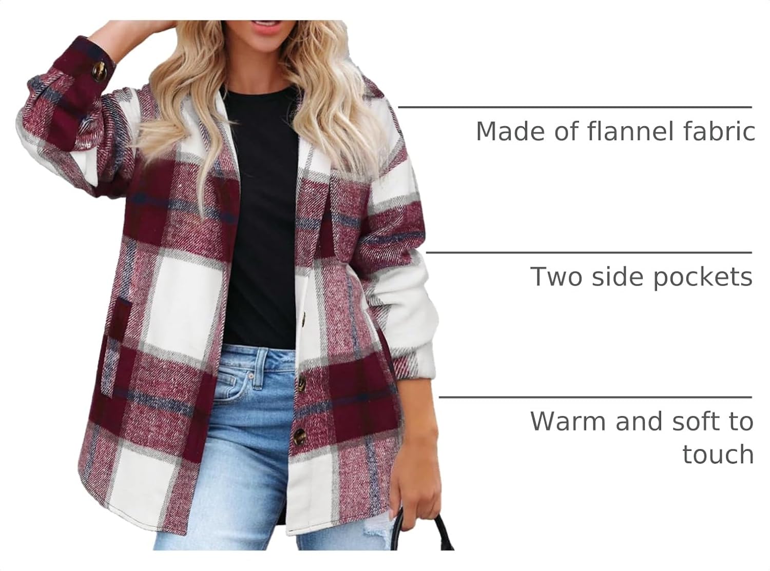 Detalle 2 de Beaully Women's Flannel Plaid Shacket, Brushed Polyester, Button-Down with Pockets