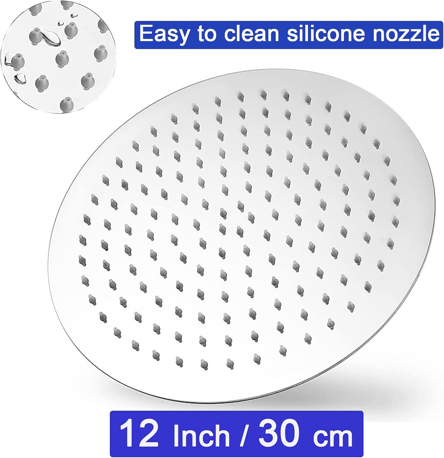 Detalle 2 de WOOPHEN 12 inch 304 stainless steel rainfall shower head with swivel angle and anti-clog silicone nozzles