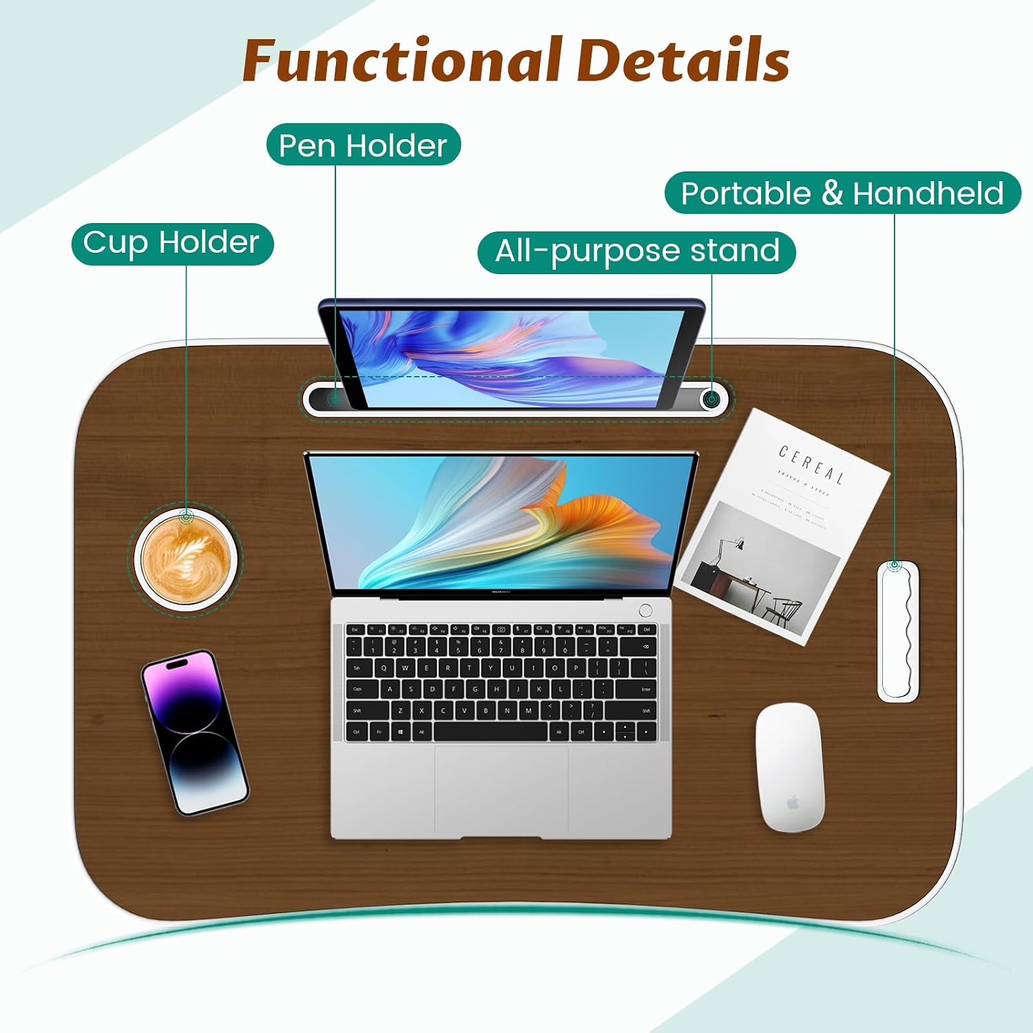 Detalle 2 de MeisterPro Laptop Table Height Adjustable, Foldable Bed Desk with Cup Holder & Phone Slot (60 x 40 x 25–31 cm)