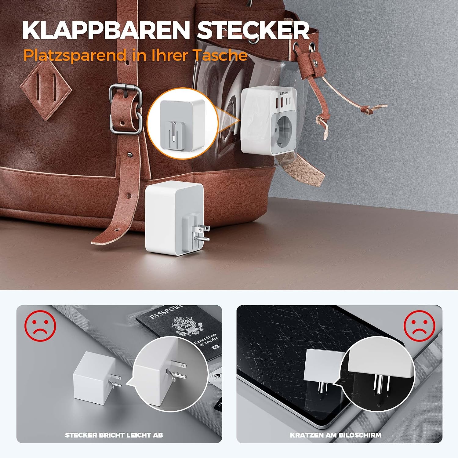 Detalle 2 de TESSAN Klappbarer USA Reiseadapter 5‑in‑1 🔌