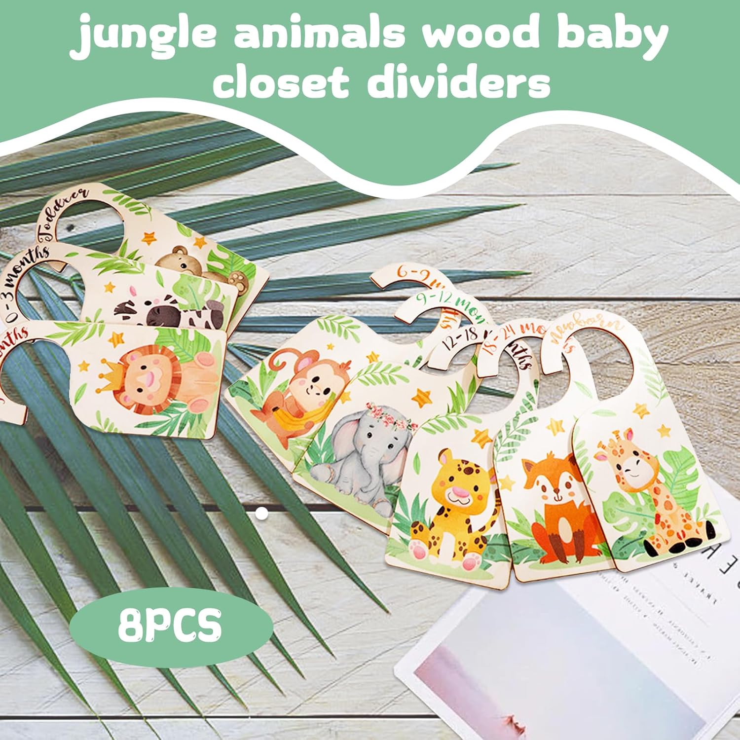 Thumbnail 3 de 8Pcs Baby Wardrobe Dividers (Wood) – Cartoon Animal Double-Sided Age Hangers for 0–24 Months & Toddlers
