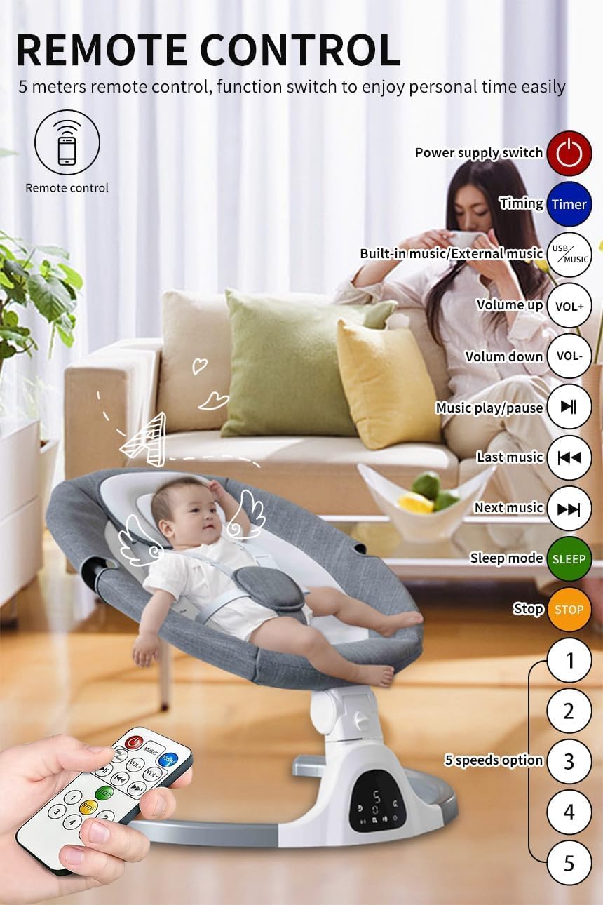 Thumbnail 2 de Adjustable Height Baby Swing for Infants to Toddler – Electric Bluetooth Swing with Remote (Grey)