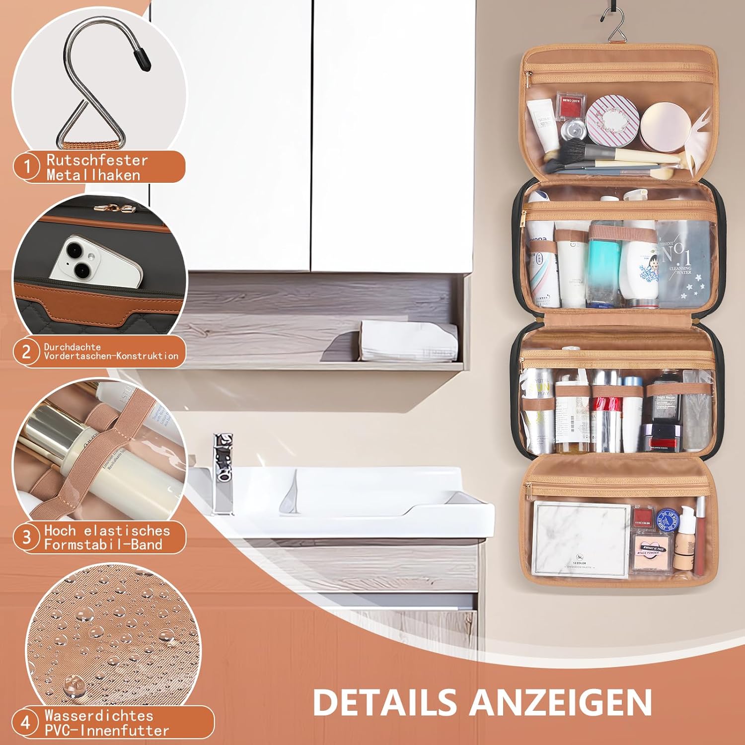 Detalle de Travel Toiletry Bag for Women Large Hanging Wash Organizer with 4 Compartments