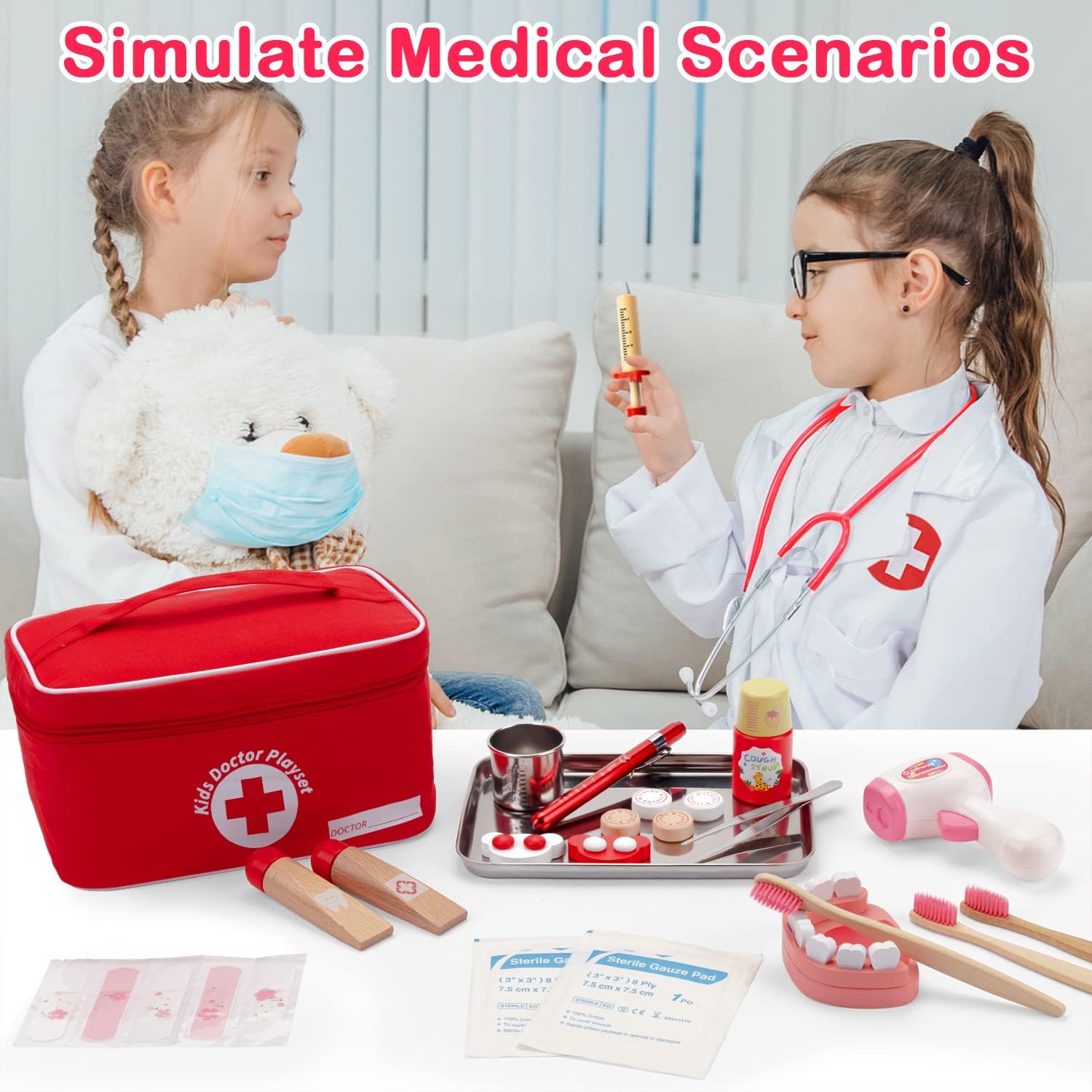 Thumbnail 1 de Sundaymot Doctors Set for Kids: 32-Piece Wooden Role Play Case with Real Stethoscope and Dentist Kit