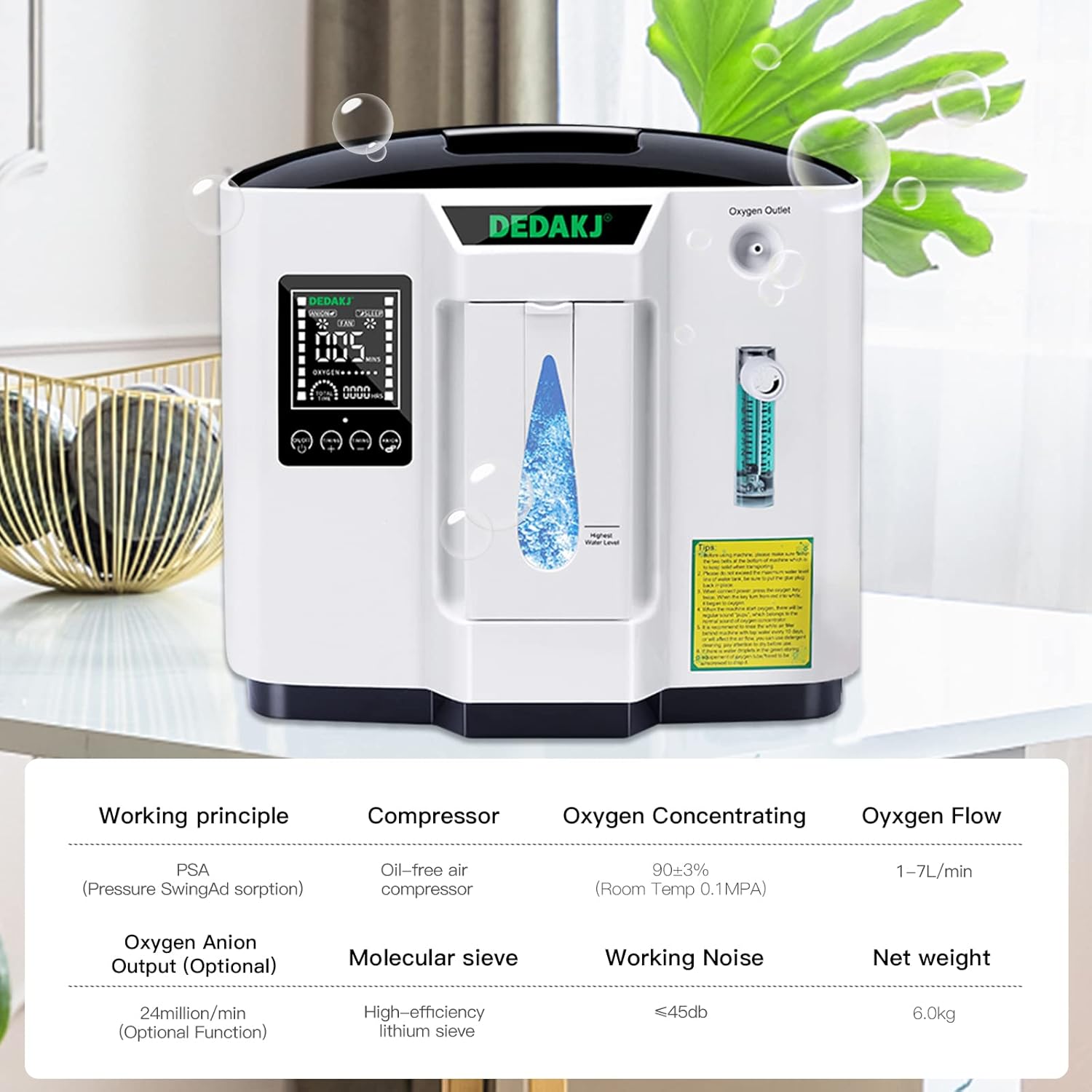 Detalle 2 de DEDAKJ Concentratore di Ossigeno 1-7 L/min 🩺