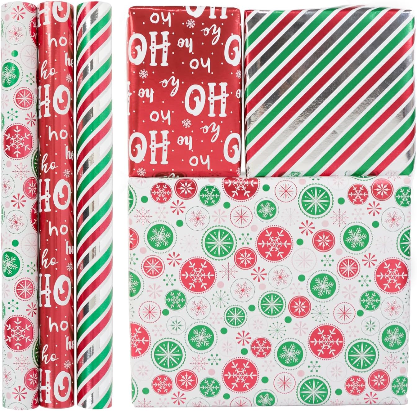 Detalle de Christmas Wrapping Paper Roll – Red & Green Snowflake, 3 Rolls (43cm x 3m) Metallic Gift Wrap