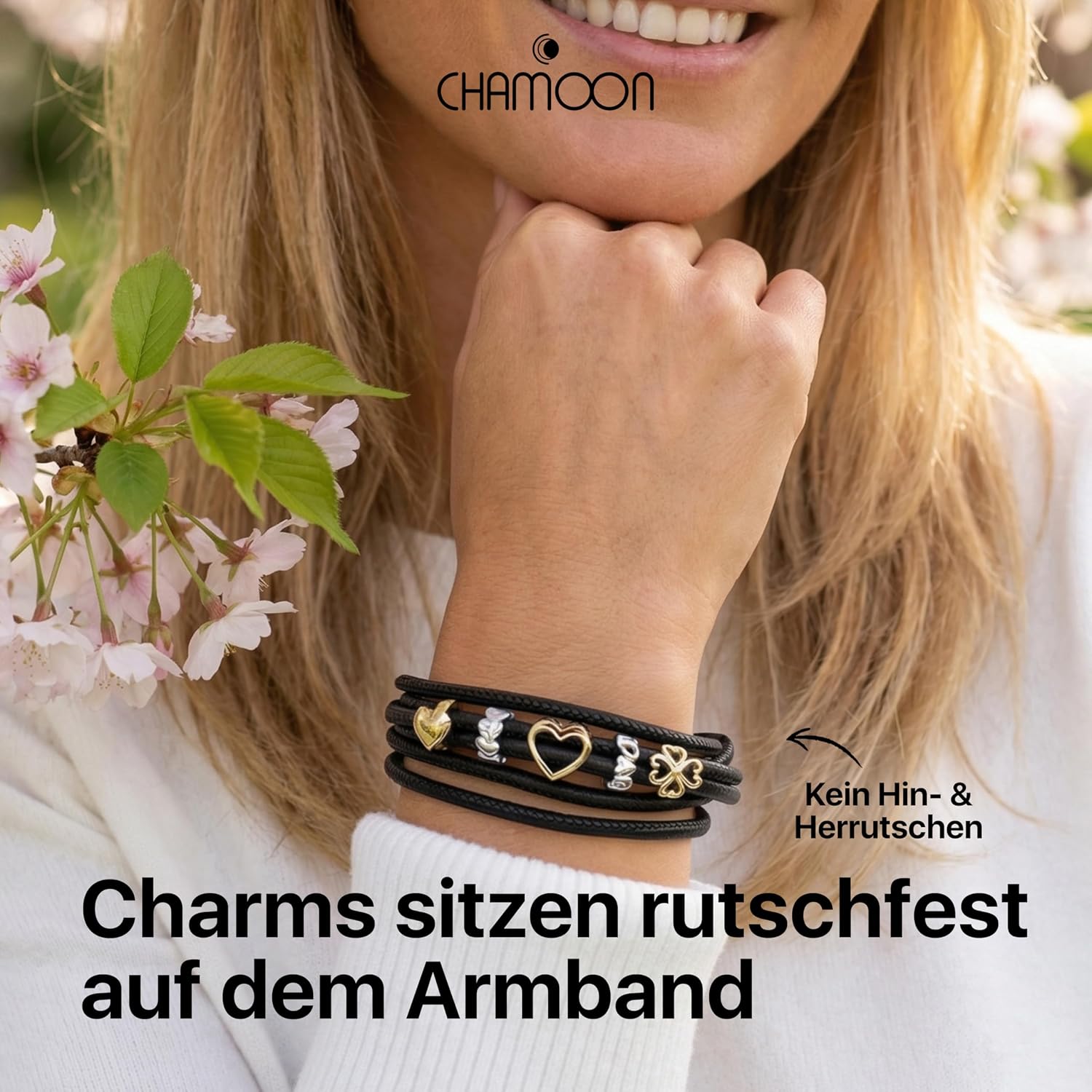 Detalle de CHAMOON Premium Lederarmband für Damen mit Magnetverschluss & über 80 Charms, Nappaleder, TRIO Kollektion