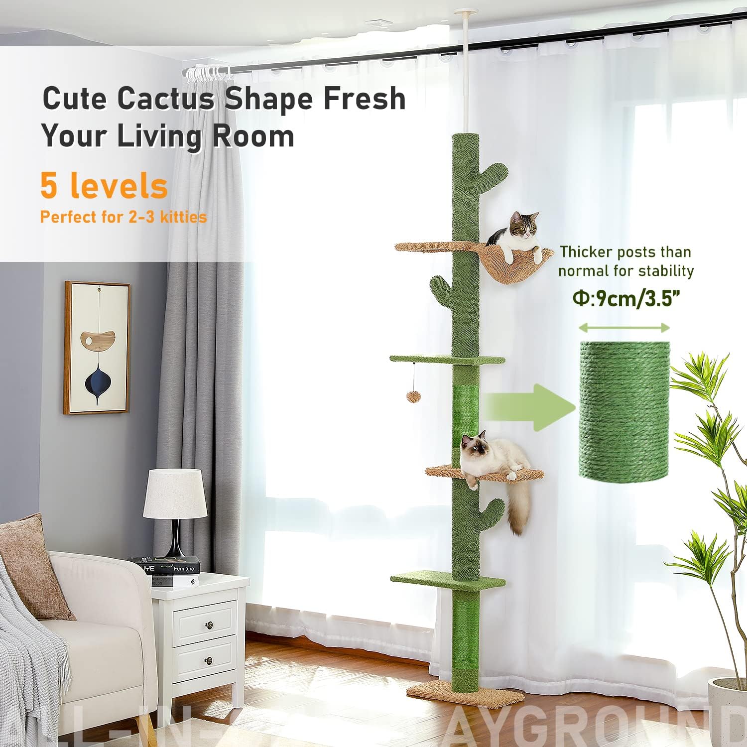 Thumbnail 2 de PAWZ Road Cactus Cat Tree Floor to Ceiling Tower (239-275cm) – 5-Tier Activity Centre with Hammock and Scratching Post