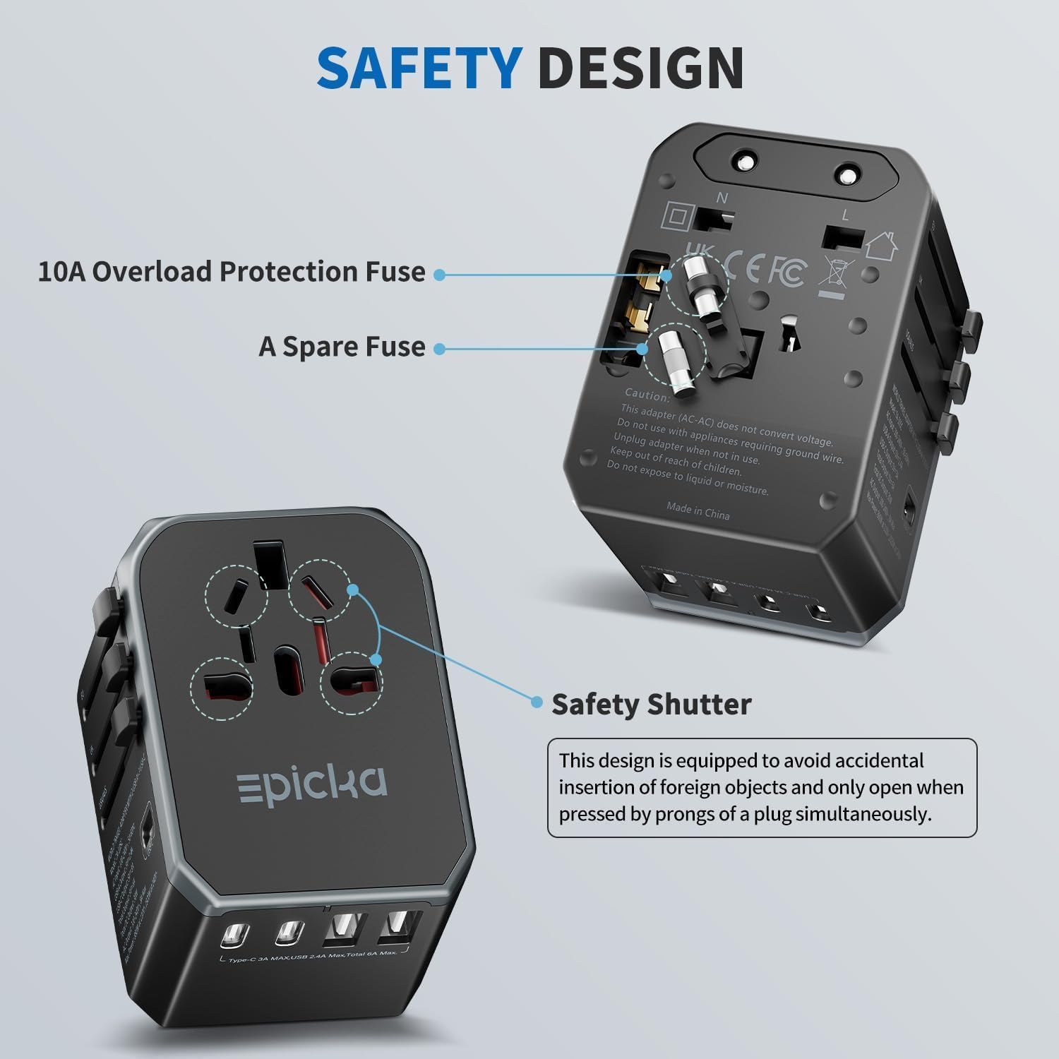 Detalle de EPICKA Adattatore Universale da Viaggio 30W: 6in1 con USB-C e USB-A, spina per oltre 200 paesi