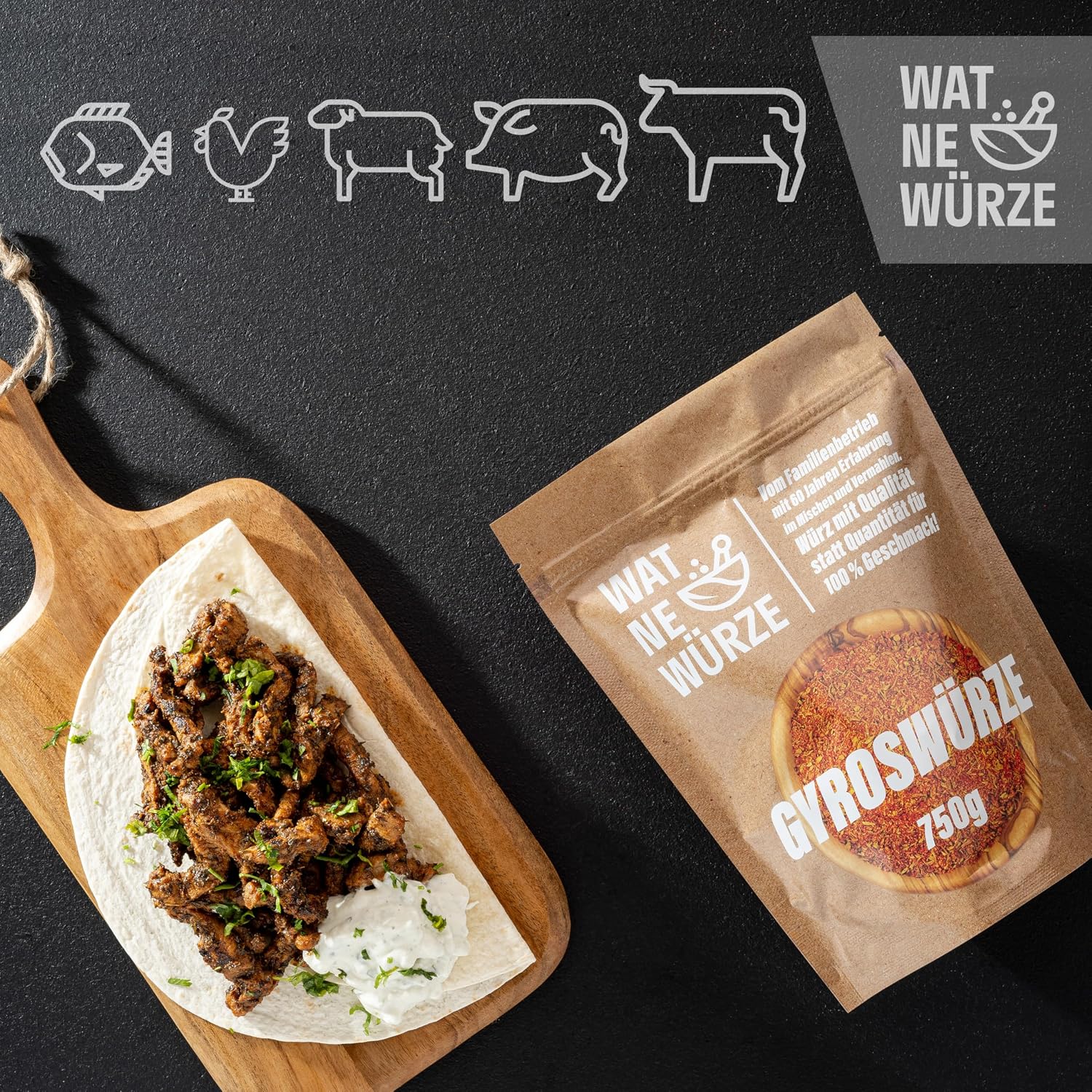 Detalle de WAT NE WÜRZE Gyrosgewürz 750 g – Griechische Gewürze für Gyros, Souvlaki, Döner & mehr