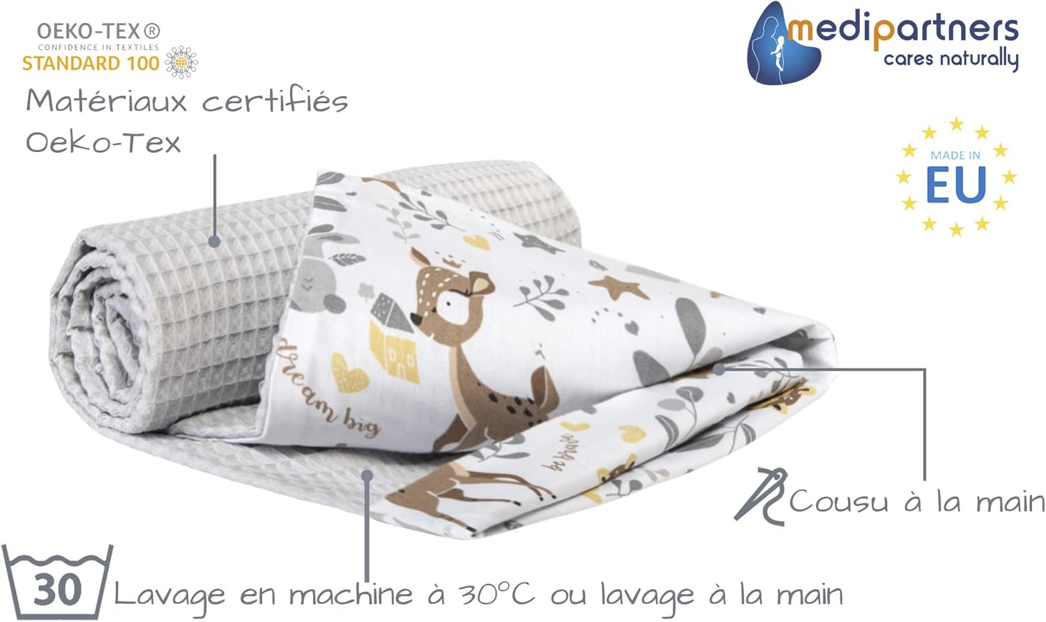 Thumbnail 1 de Medi Partners couverture bébé 75x100 cm en 100% coton bilatérale (cerf avec gaufre gris) pour naissance